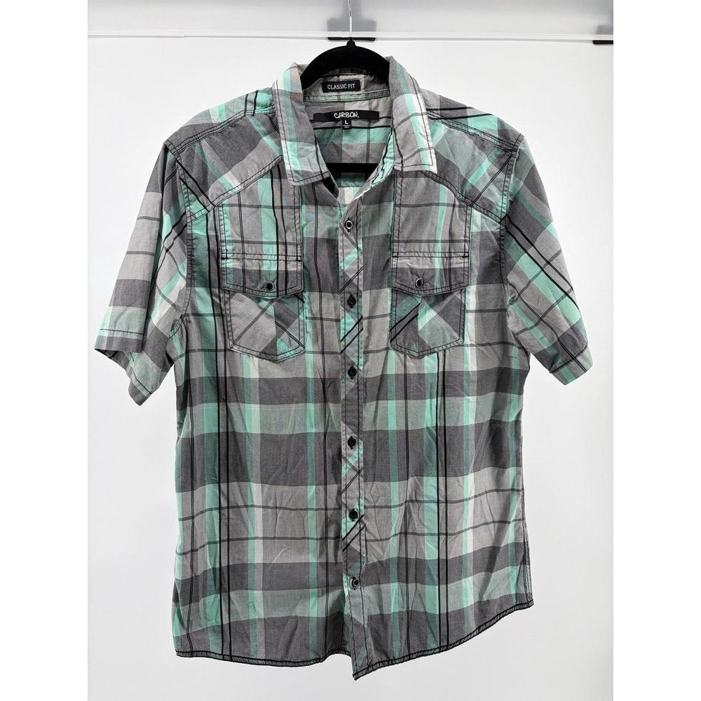 Carbon Aqua Gray & White Plaid Shortsleeve Button Front Shirt, Men's Size L S217